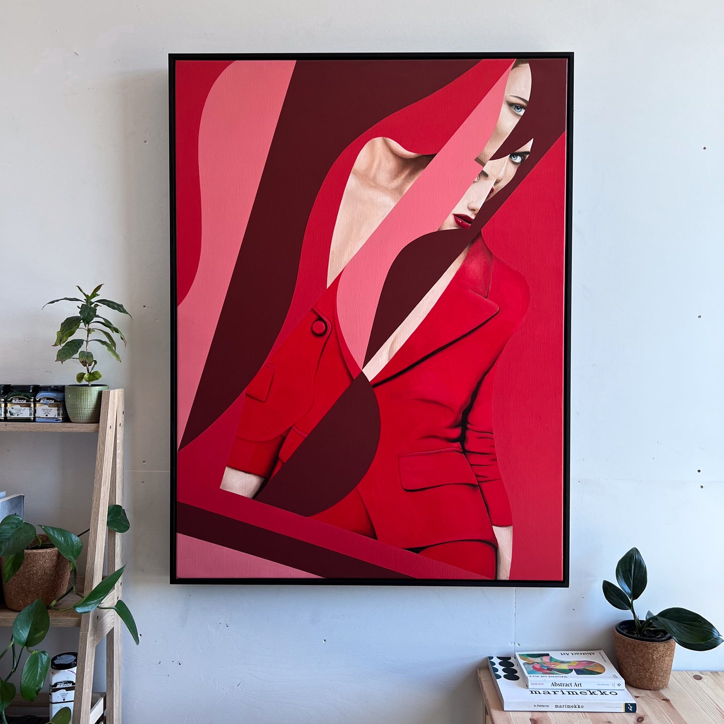 modern framed abstract painting for sale red and burgundy
