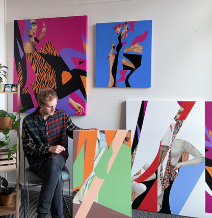 Melbourne artist Hilton Owen with paintings in art studio