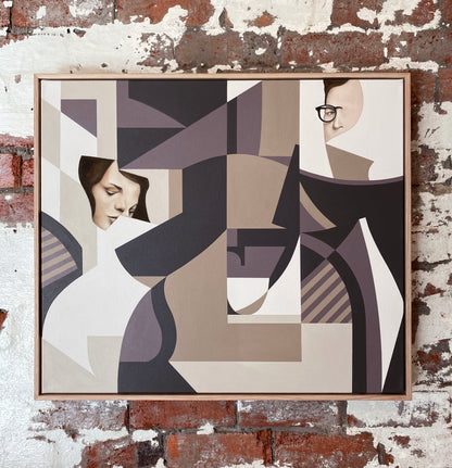Framed abstract portrait painting on canvas in brown and beige colours